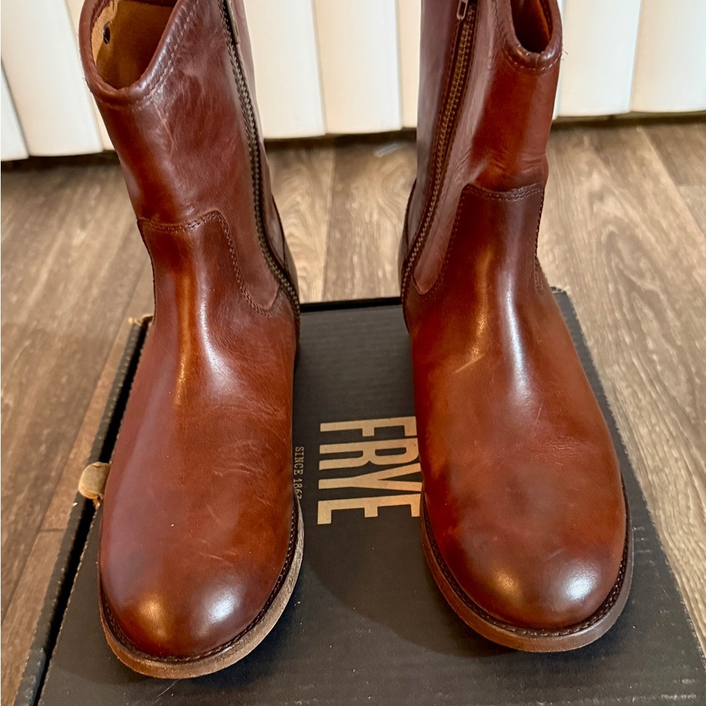 Frye Brown Ankle Boots with Polished Leather and Zip Design (Nora Zip Short)